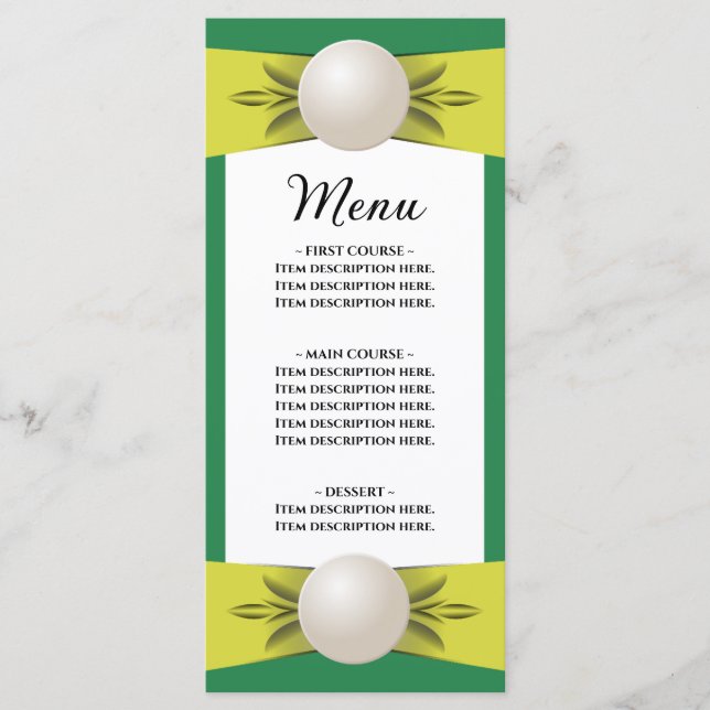 Emerald & Yellow Pearl Ribbon Wedding Flat Menu (Front)