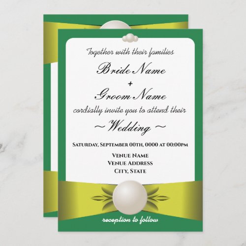 Emerald  Yellow Pearl Ribbon Wedding  Reception Invitation
