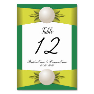 Emerald & Yellow Pearl Ribbon Wedding Table Number