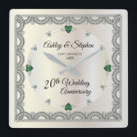 Emeralds | Diamonds 20th Wedding Anniversary Square Wall Clock<br><div class="desc">Opulent elegance frames this 20th wedding anniversary design in a unique scalloped diamond design with diamond and emerald look accents in lieu of numbers and faux added sparkles on a white gold-tone gradient. Please note that all embellishments are printed and are only made to appear as real as possible in...</div>