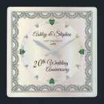 Emeralds | Diamonds 20th Wedding Anniversary Square Wall Clock<br><div class="desc">Opulent elegance frames this 20th wedding anniversary design in a unique scalloped diamond design with diamond and emerald look accents in lieu of numbers and faux added sparkles on a white gold-tone gradient. Please note that all embellishments are printed and are only made to appear as real as possible in...</div>
