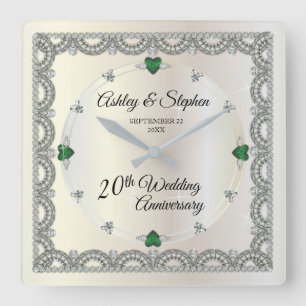 Emeralds   Diamonds 20th Wedding Anniversary Square Wall Clock