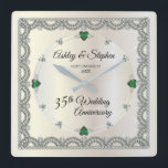 Emeralds | Diamonds 35th Wedding Anniversary Square Wall Clock<br><div class="desc">Opulent elegance frames this 35th wedding anniversary design in a unique scalloped diamond design with diamond and emerald look accents in lieu of numbers and faux added sparkles on a white gold-tone gradient. Please note that all embellishments are printed and are only made to appear as real as possible in...</div>