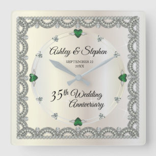 Emeralds   Diamonds 35th Wedding Anniversary Square Wall Clock