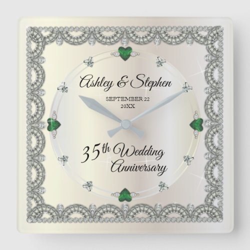 Emeralds  Diamonds 35th Wedding Anniversary Square Wall Clock