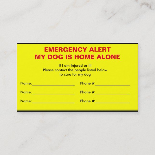 Emergency Alert Dog Home Alone Card (Front)