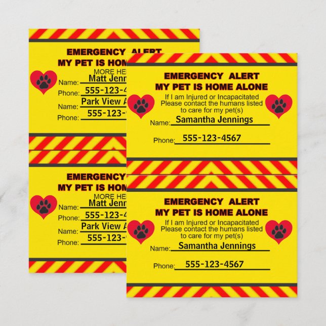 Emergency Alert My Pet is Home Alone Cards (Front/Back)
