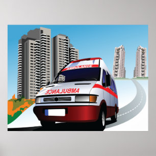 Emergency Ambulance in Cityscape Medical Rescue Poster