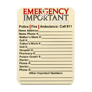 Emergency and Important phone numbers 3"x4" magnet