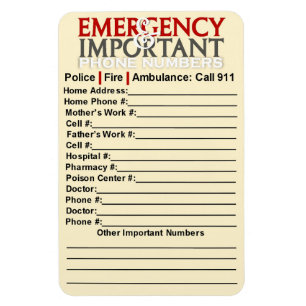Emergency and Important phone numbers 4"x6" magnet