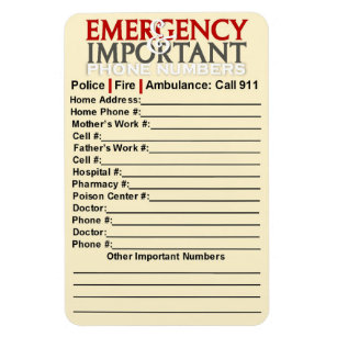 Emergency and Important phone numbers 4"x6" magnet