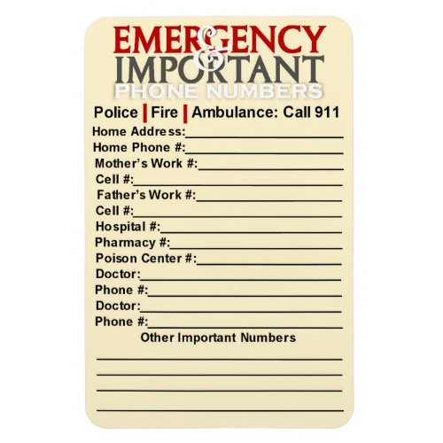 Emergency and Important phone numbers 4x6 magnet