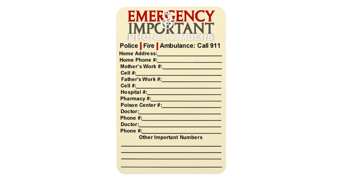 Emergency and Important phone numbers 4"x6" Zazzle