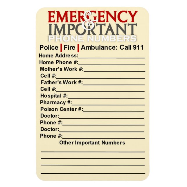 Emergency and Important phone numbers 4"x6" magnet (Vertical)