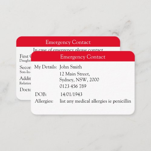 Emergency Contact Business Card
