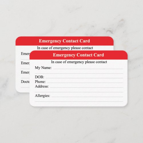 Emergency Contact Calling Card