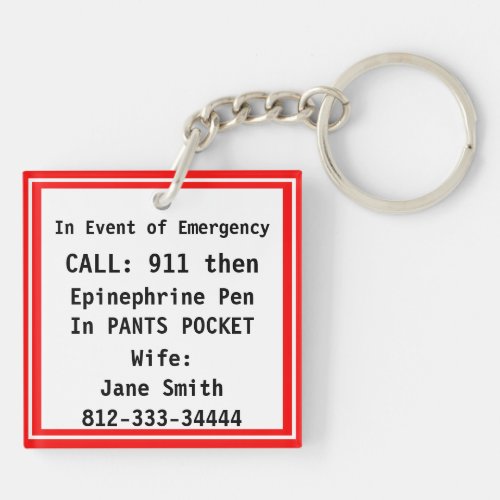 EMERGENCY Contact Information Keychain Epi Pen