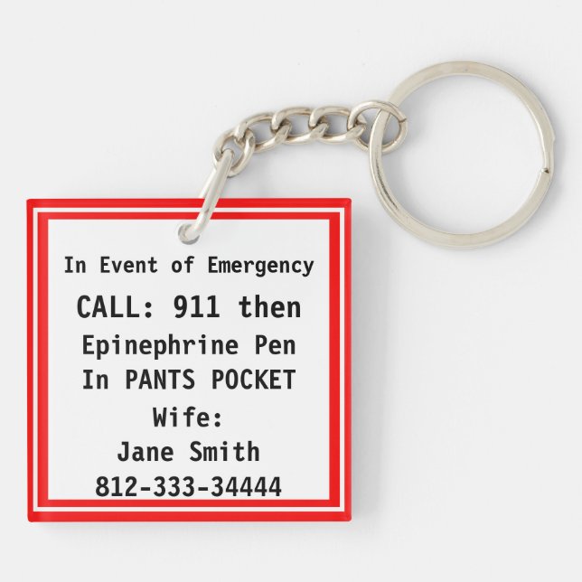 EMERGENCY Contact Information Keychain Epi Pen (Back)