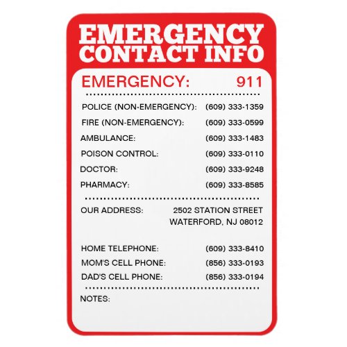 Emergency Contact Information List Magnet