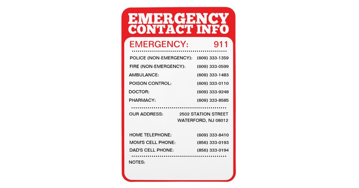 emergency contact information list magnet zazzle