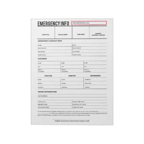 Emergency Contact Information Sheet Notepad