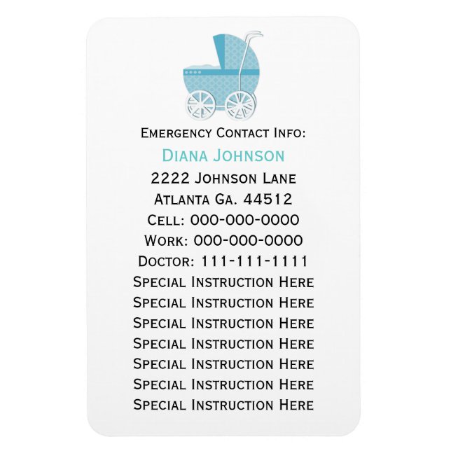 Emergency Contact Magnet: Blue Baby Carriage Magnet (Vertical)