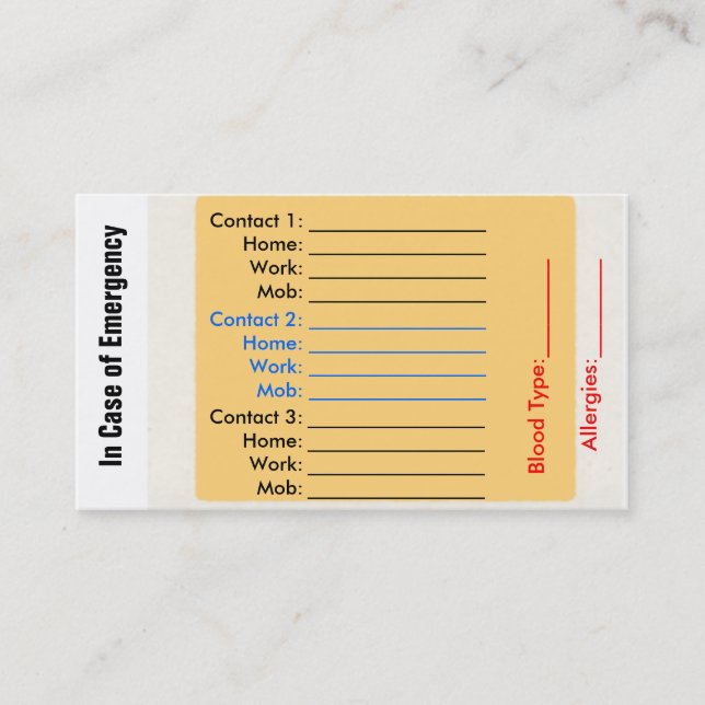 Emergency Contact Purse Cards (Front)