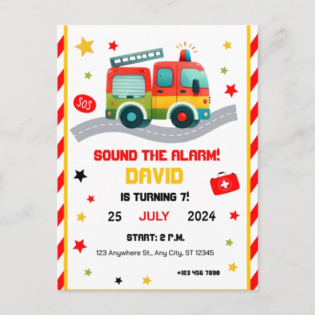 Emergency Fun! Fire Truck Themed Party Invitation Postcard (Front)