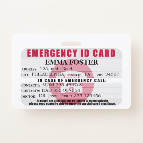 Emergency ID Medical Card Badge