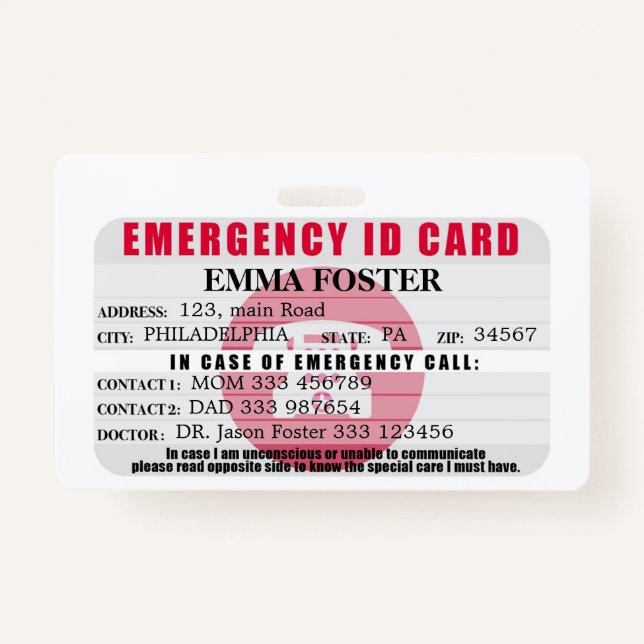 Emergency ID Medical Card Badge (Front)