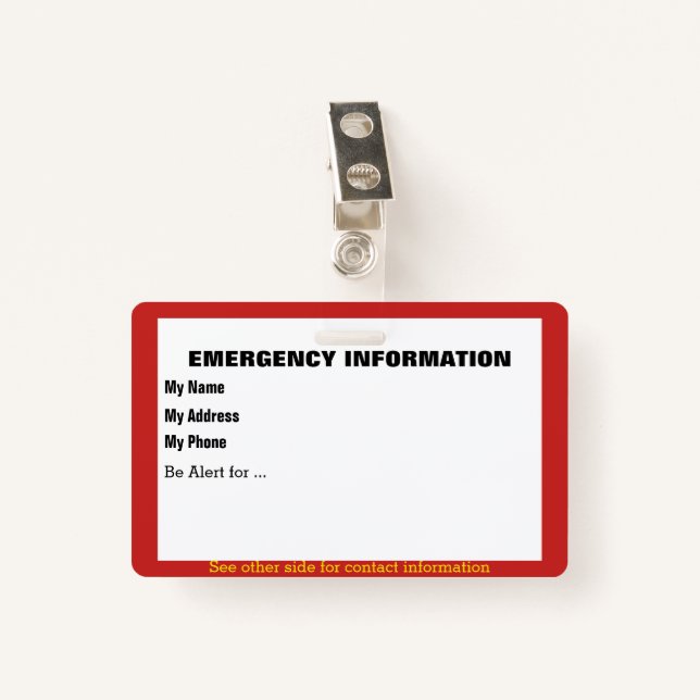 Emergency Information Card Badge (Front with Clip)