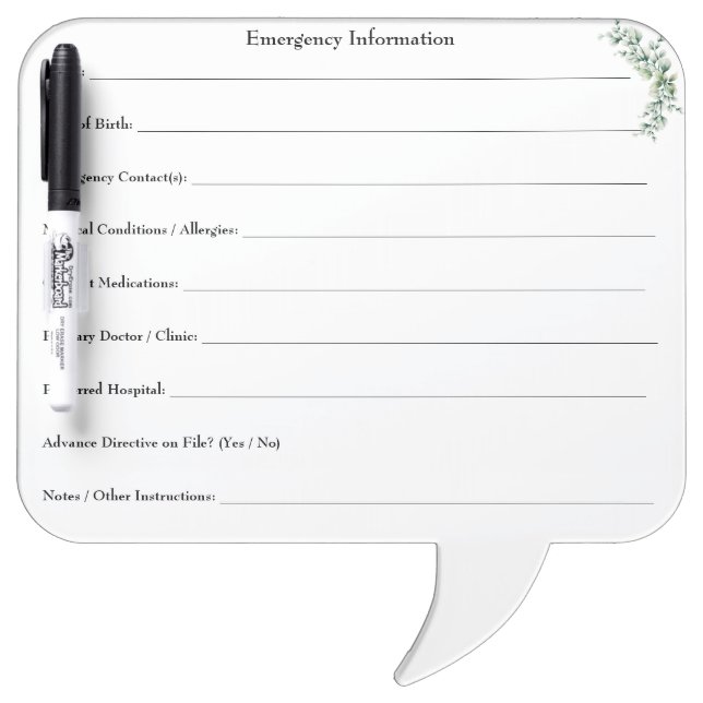 Emergency Information Dry Erase Board (Front)