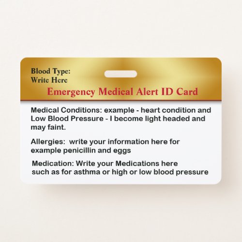 Emergency Medical Alert Contacts ID Card Custom Badge