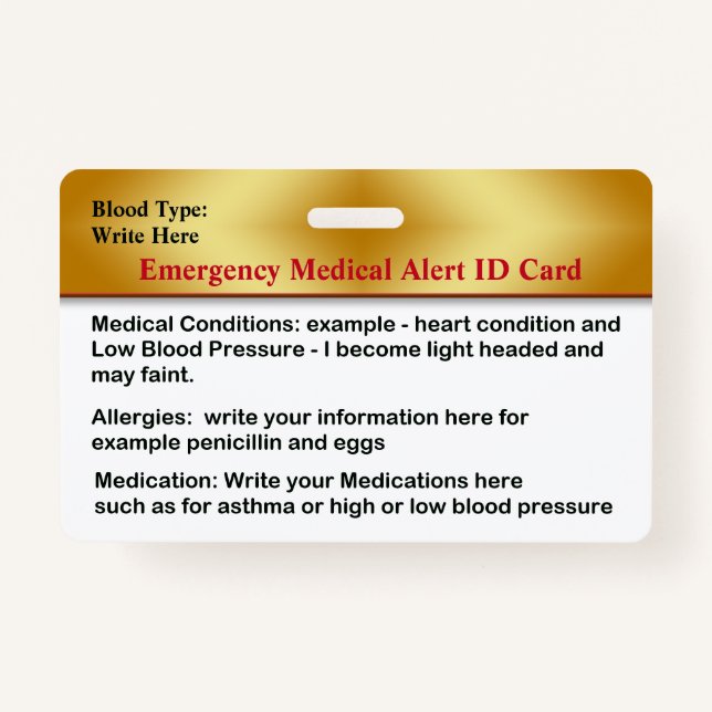 Emergency Medical Alert Contacts ID Card Custom Badge (Front)