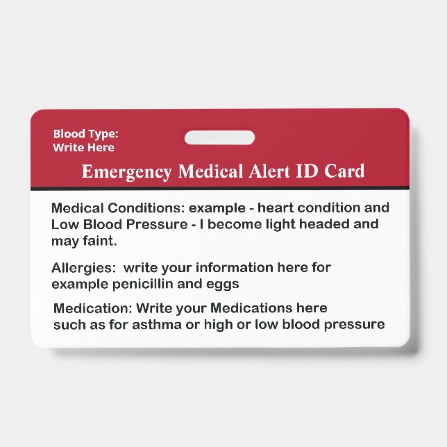 Emergency Medical Alert ID Card Custom Badge (Front)