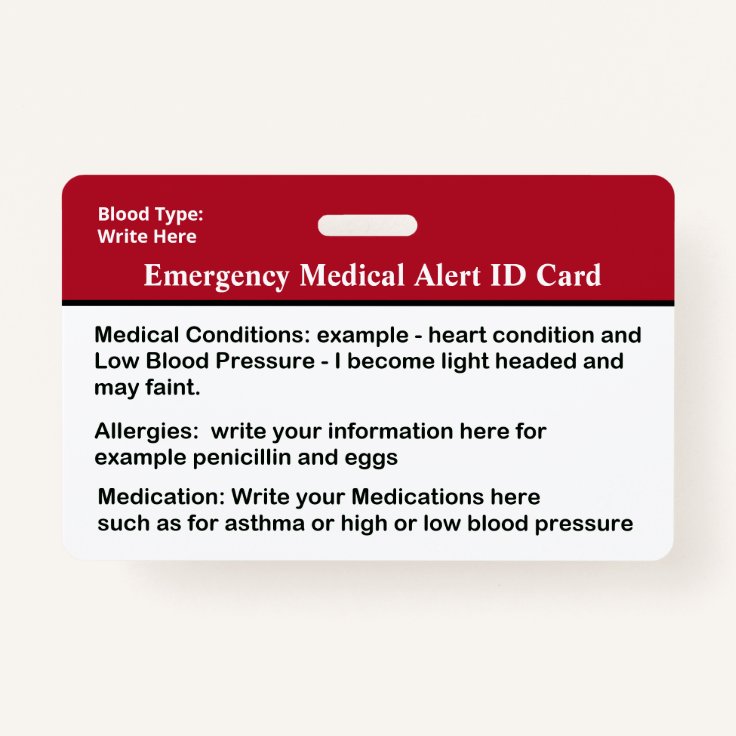 Emergency Medical Alert ID Card Custom Badge Zazzle