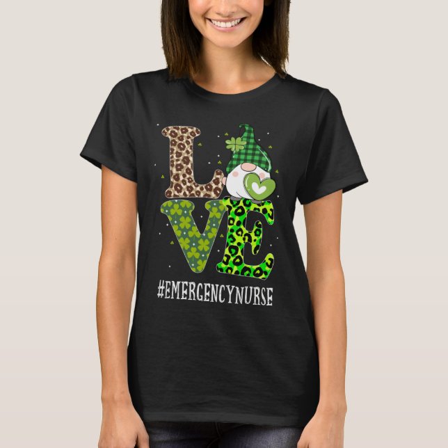 Emergency Nurse Love St Patricks Day Gnome Leopard T-Shirt (Front)