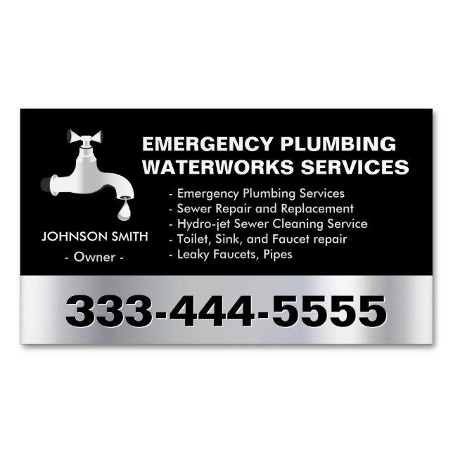 Emergency Plumbing Waterworks Service Black Metal Business Card Magnet (Front)