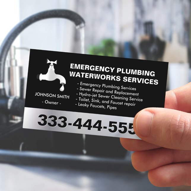 Emergency Plumbing Waterworks Service Black Silver Business Card (Creator Uploaded)