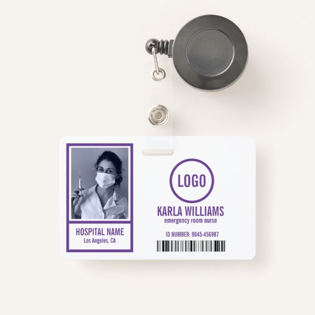 Emergency room nurse photo template purple tones badge (Front with Retractable)