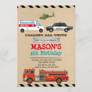 Emergency Vehicles Birthday invitation