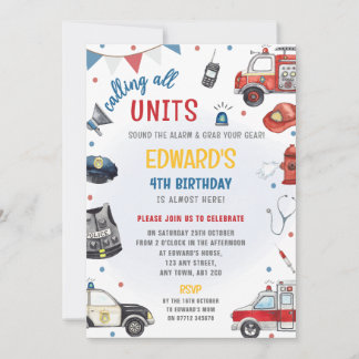 Emergency Vehicles Birthday Invite - Police, Fire