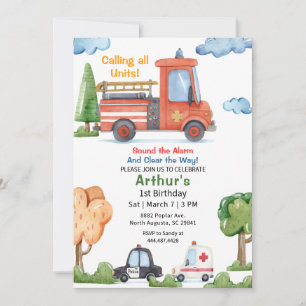Emergency Vehicles Firetruck Birthday Invitation