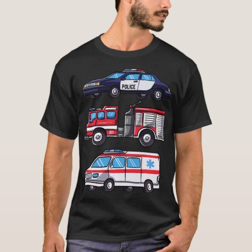 Emergency Vehicles Gift for Boys Police  Fire Truc T_Shirt