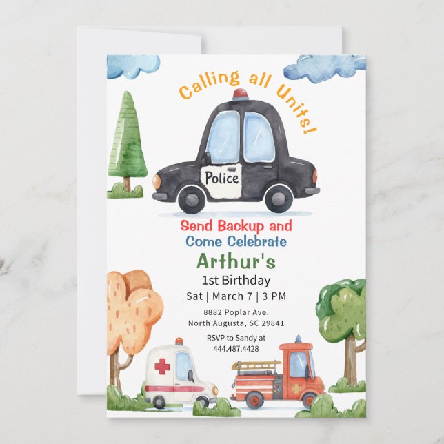 Emergency Vehicles Police car Birthday Invitation (Front)