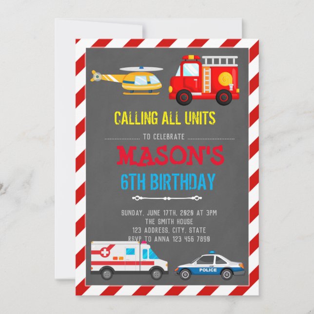 EMERGENCY VEHICLES TRANSPORTATION BIRTHDAY CARD (Front)