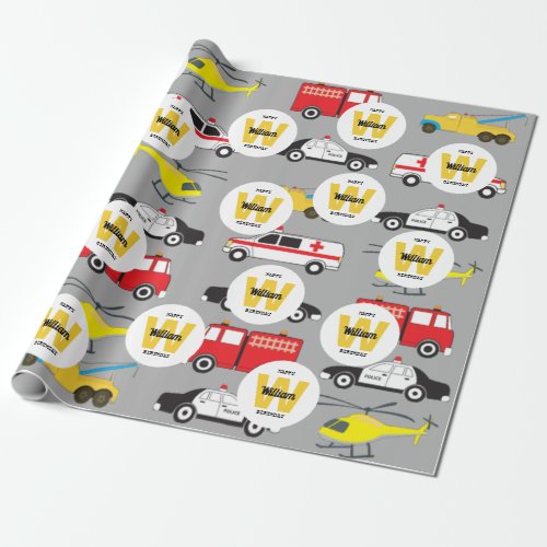 Emergency Vehicles Transportation Birthday Name Wrapping Paper