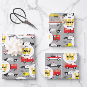 Emergency Vehicles Transportation Birthday Name Wrapping Paper Sheets