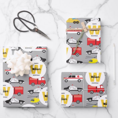 Emergency Vehicles Transportation Birthday Name Wrapping Paper Sheets