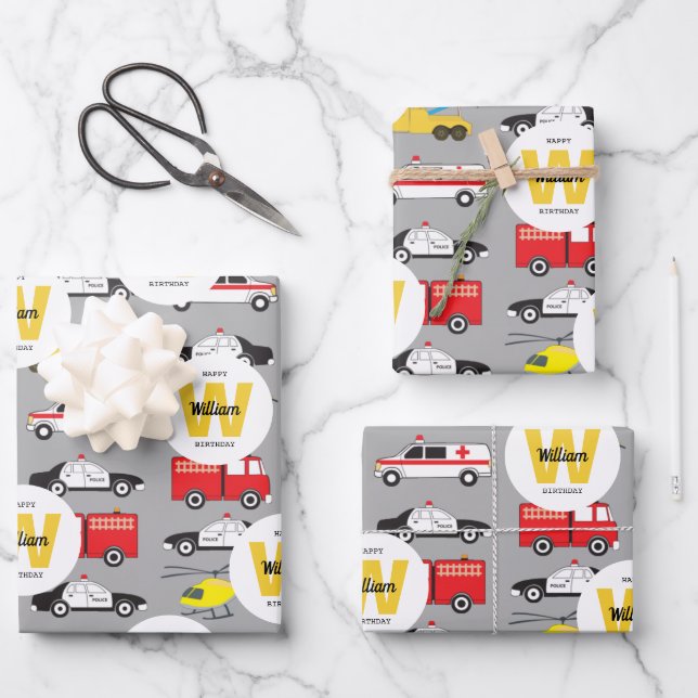 Emergency Vehicles Transportation Birthday Name Wrapping Paper Sheets (Front)